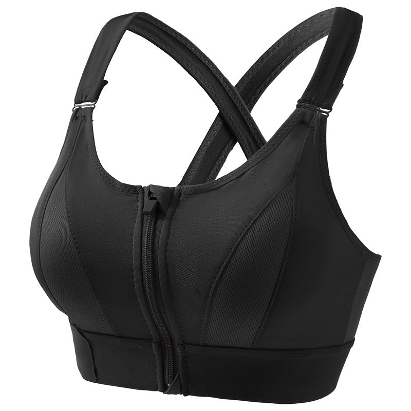 Black Front Zipper Shockproof Sports Bra with Cross Back Support