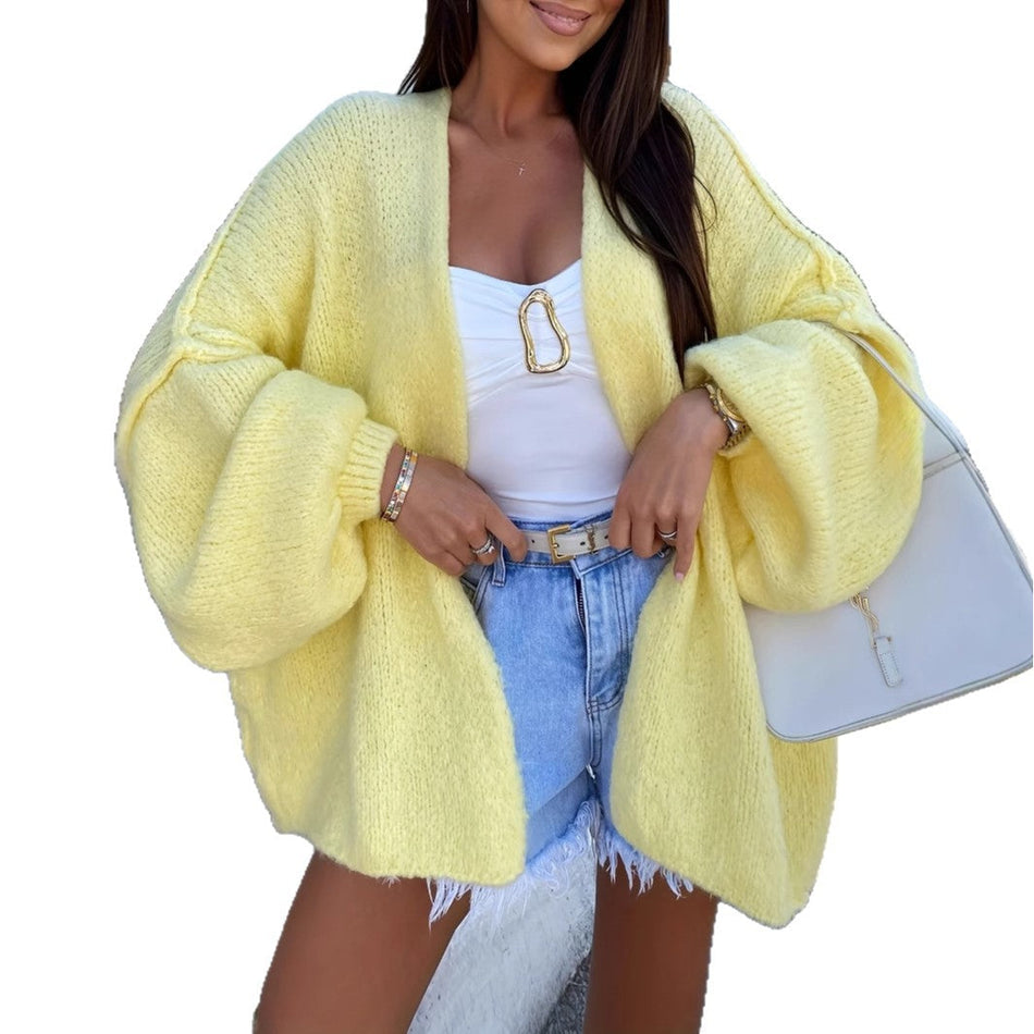 Korean-Style Lantern Sleeve Knitted Cardigan