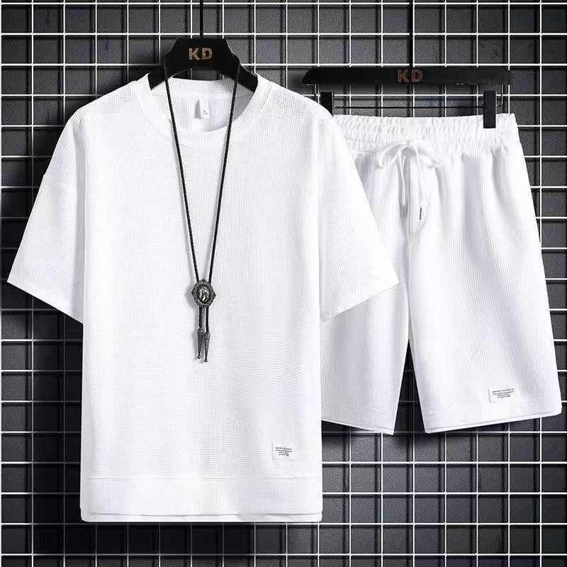 Men’s Summer Waffle Round Neck Two-Piece Suit