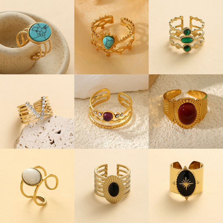 Retro Titanium Steel Natural Stone Open Ring