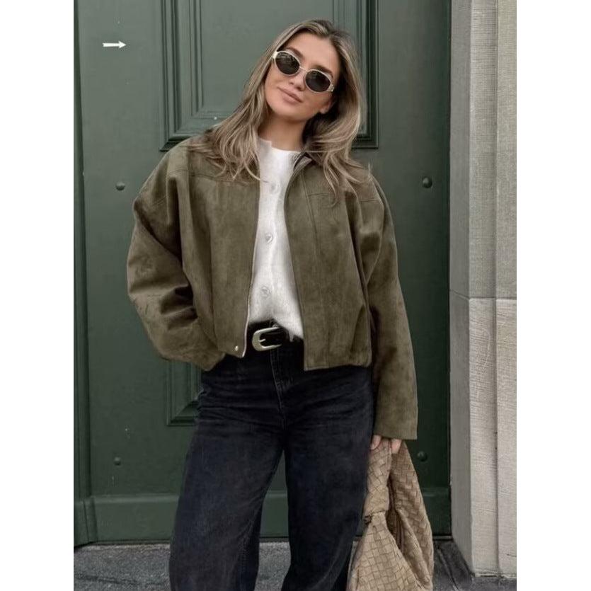Suede Texture Bat Sleeve Bomber Jacket Women