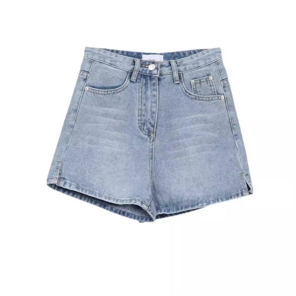 Denim High Waist A-Line Shorts for Women with Pocket Detail