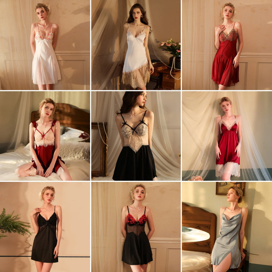 Deep V Satin Mesh Lace Sexy Nightgown for Women