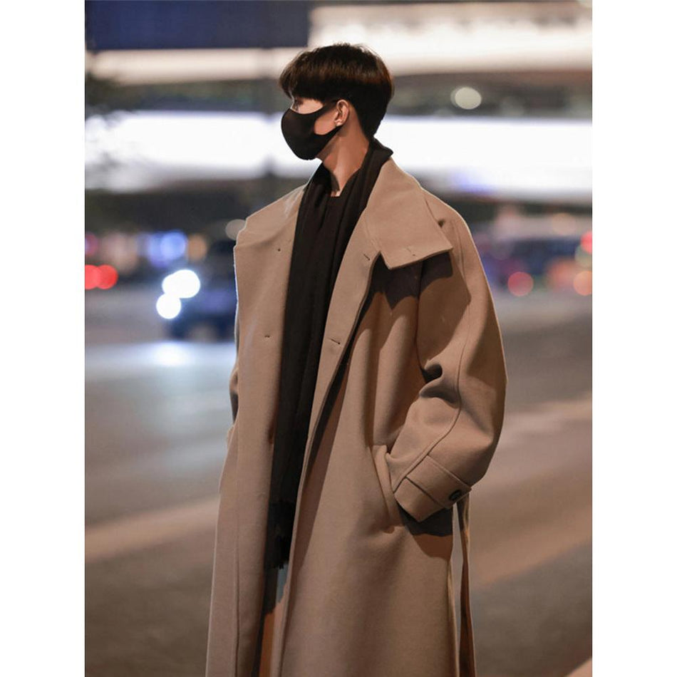 Korean-Style Over-the-Knee Wool Coat for Men