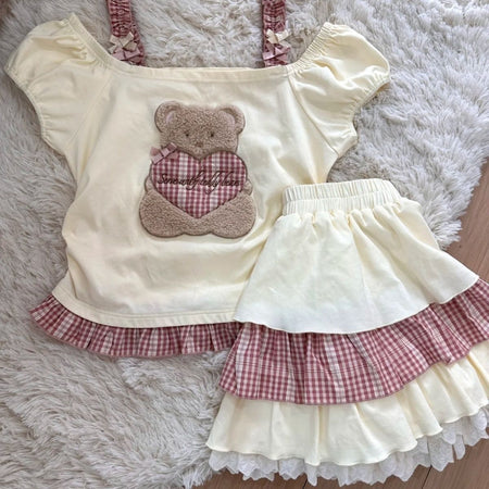 Girls Korean Plaid Lace Top & Cake Skirt Set – Sweet Kids Outfit Nepal | Tudoholic