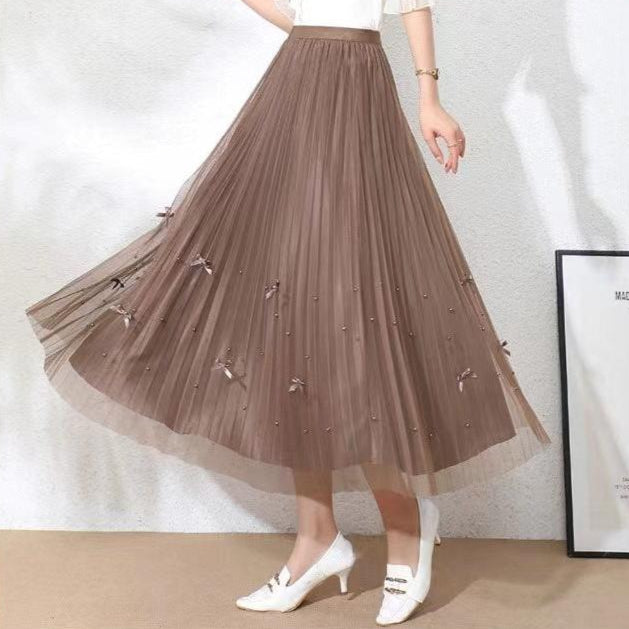 Bow Pleated Mid-Length Skirt for Women