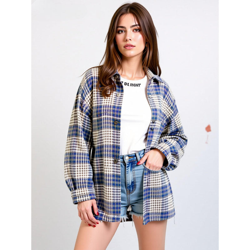 STOCK-Women's Fall Outfits Flannel Plaid Button Long Shirt