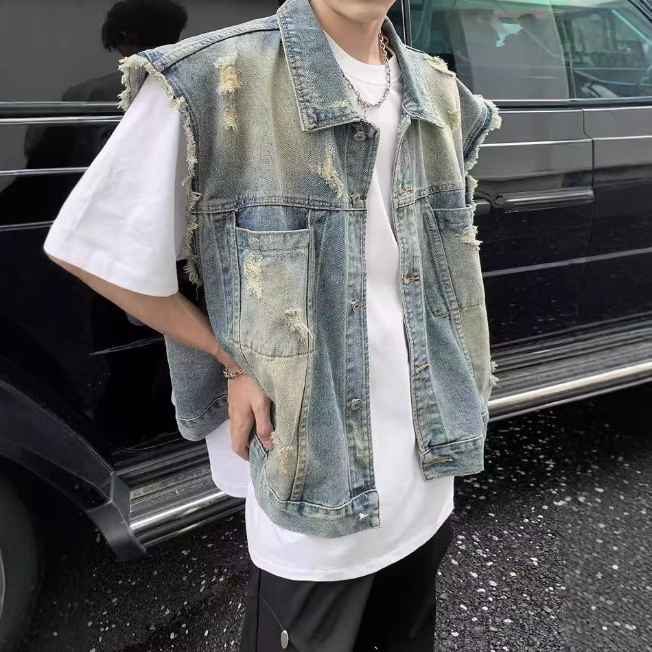 Korean-Style Men’s Denim Vest – Trendy Slim-Fit Sleeveless Jacket