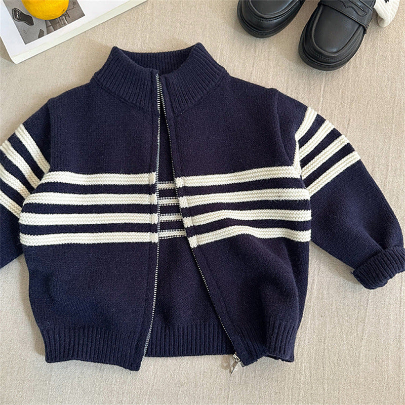 Boys’ Autumn 2025 Striped Cardigan Sweater for Kids
