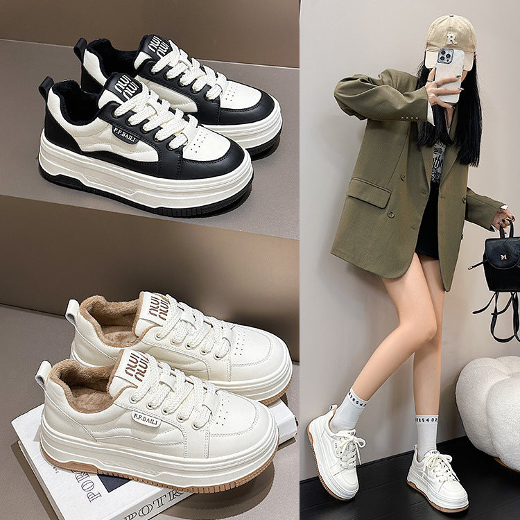 Fleece-Lined Thick-Soled Genuine Leather White Sneakers 2026