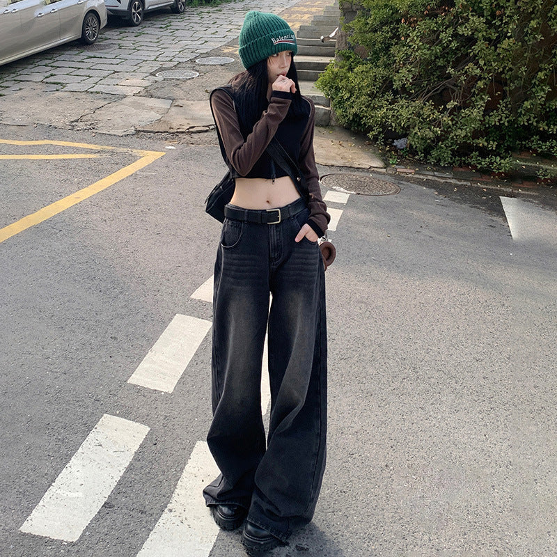 2025 Autumn American Grey High-Waist Straight Women’s Jeans