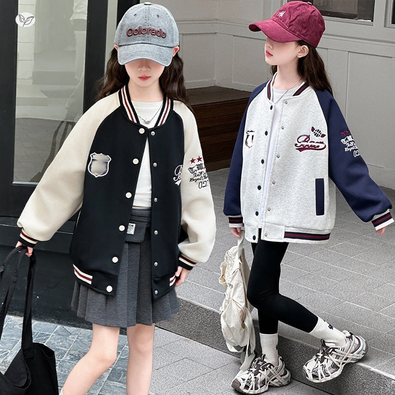 STOCK-Girls Contrast Color Baseball Jacket Kids Spring Coat