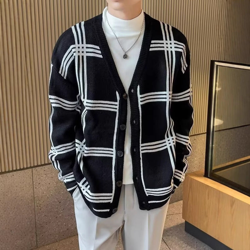 Men’s Korean Style Plaid Knitted Cardigan Sweater