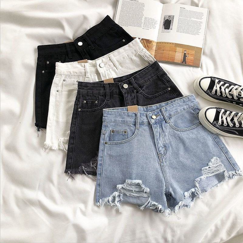 STOCK-High Waist Ripped Denim Shorts