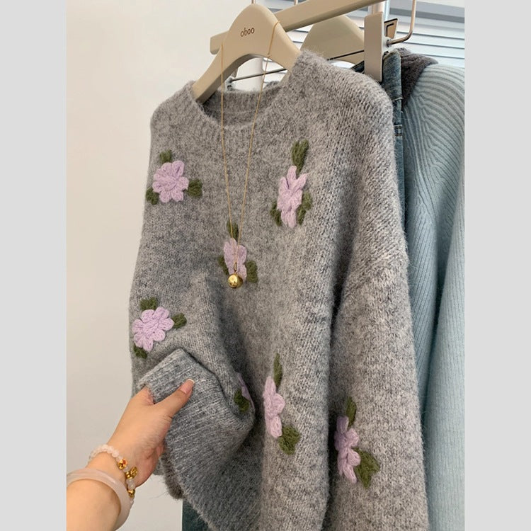 Gray Round Neck Pullover Flower Embroidered Knitwear Top Slim