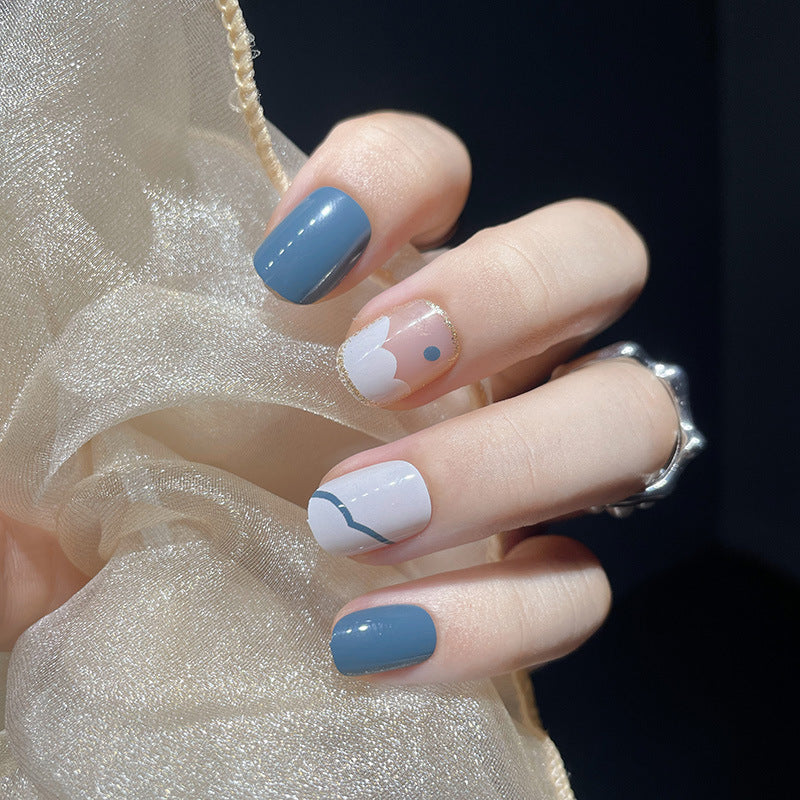 Haze Blue Golden Edge Nails – White Cloud Short Set