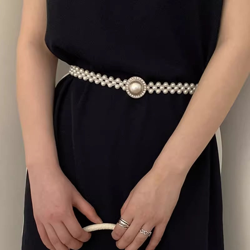 Women’s Korean Rhinestone Pearl Waist Chain Belt
