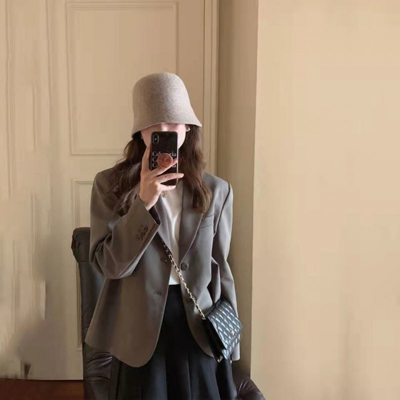 STOCK-British Style Gray Short Suit Jacket for Women Casual Wear