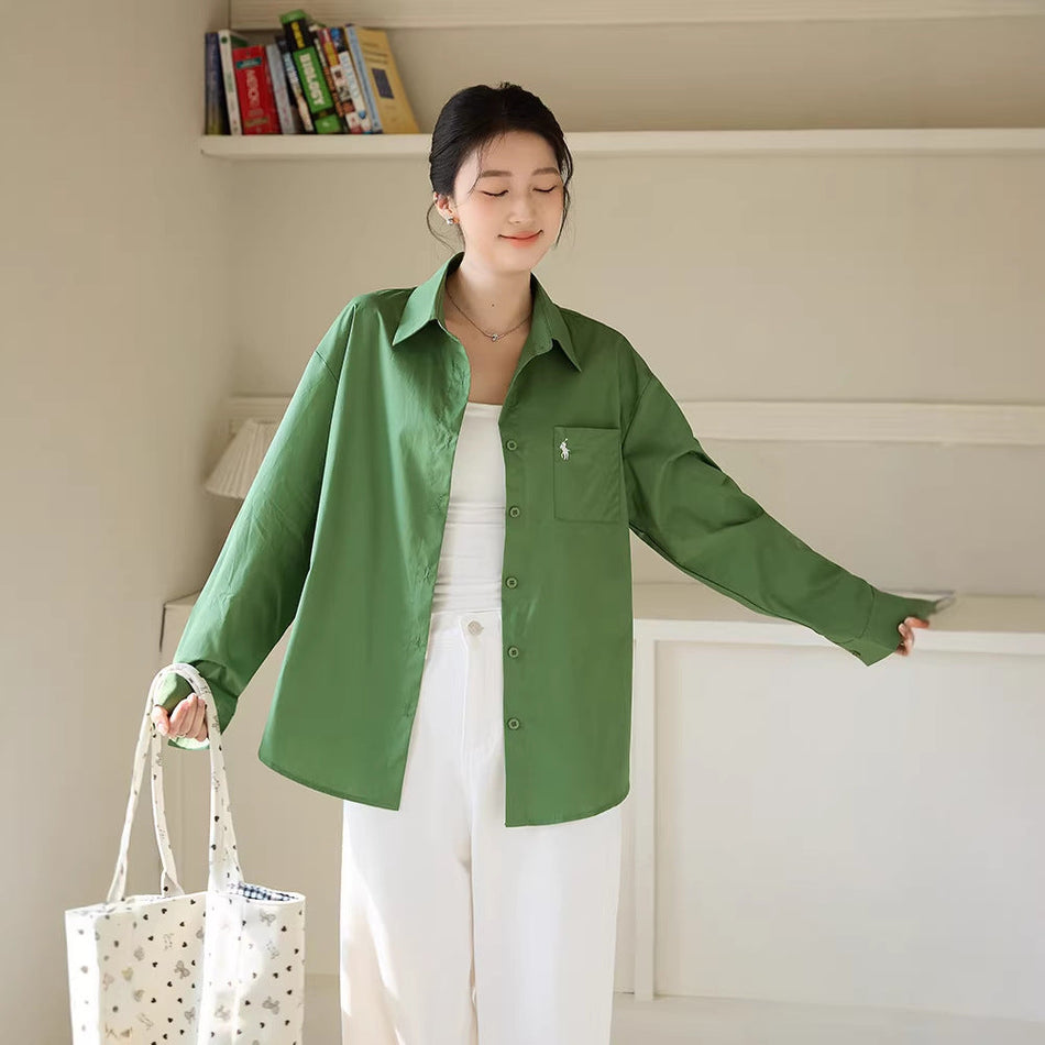 Women’s Classic Green Lapel Shirt with Pocket Logo