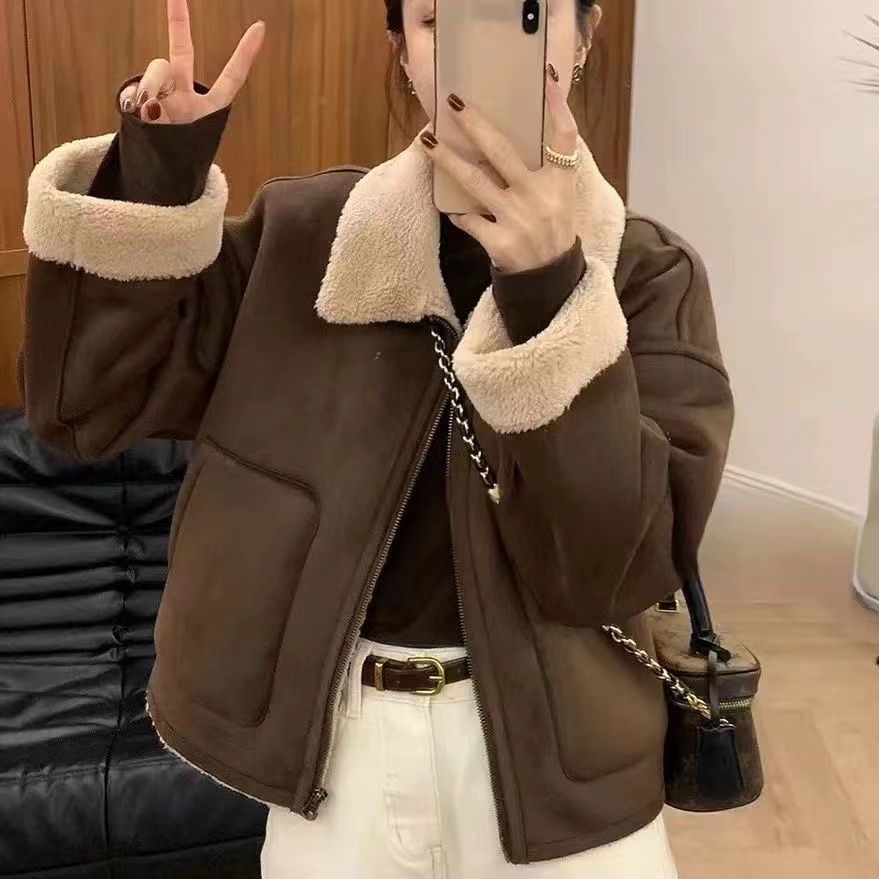 STOCK-Women’s Lambswool Coat Thick Lapel Fur Biker Jacket