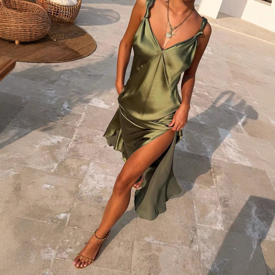 Satin Strap Split Dress - Luxurious 2026 Summer Vacation Wear