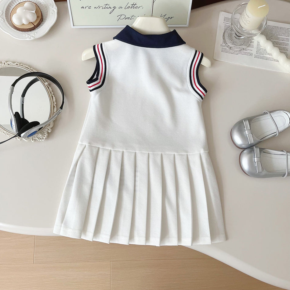 Girls 2024 Summer Korean Style Rib Lapel Polo Pleated Dress-