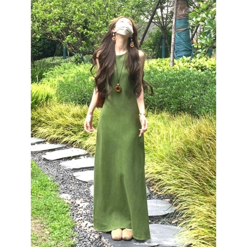 French Retro Green Camisole Summer Long Dress
