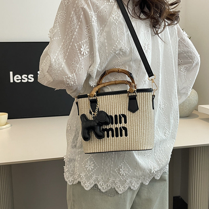 STOCK-Straw Bucket Bag – Contrast Color Crossbody for Women