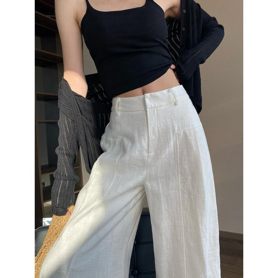 White High-Waisted Cotton-Linen Wide Pants