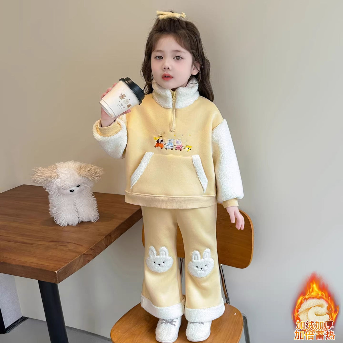 Girls Cartoon Pants Set – Winter Stand Collar Outfit – Outfit Sets – Image 7