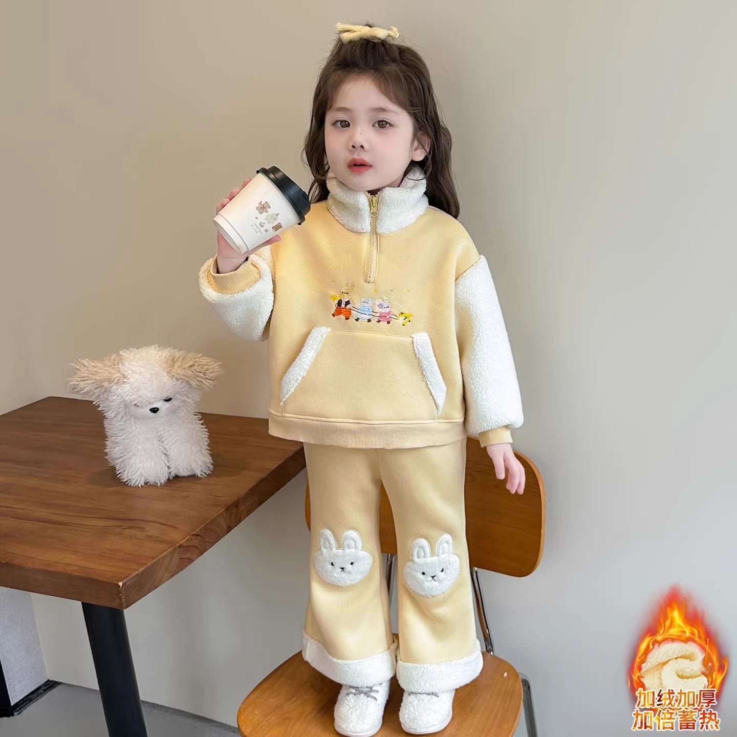 Girls Cartoon Pants Set – Winter Stand Collar Outfit – Outfit Sets – Image 7