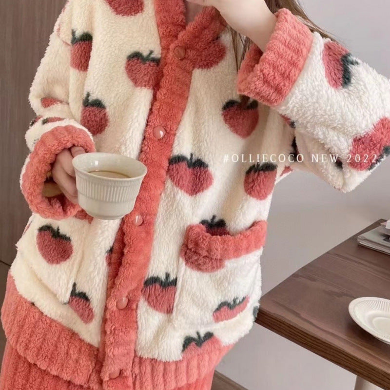 Peach Coral Velvet Pajamas Sweet Warm Set