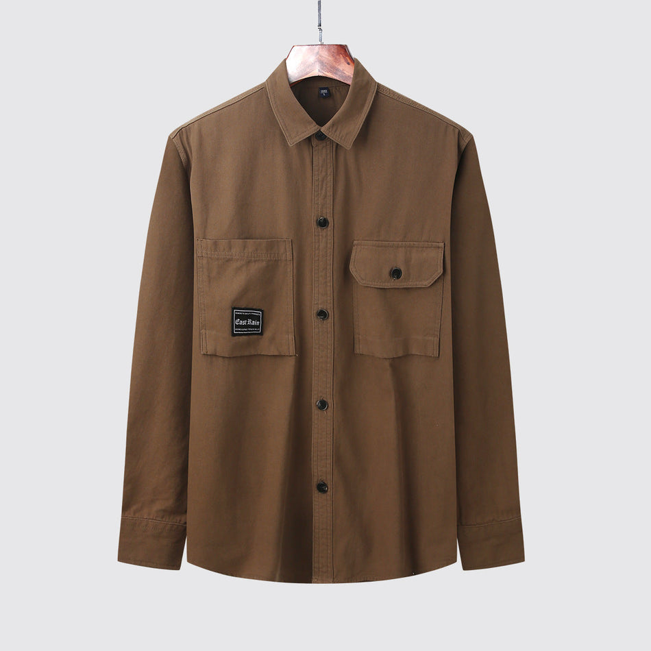Men's Solid Color Double Pocket Long Sleeve Shirt Jacket