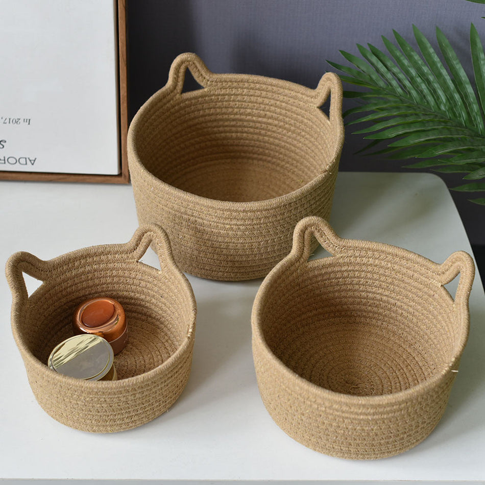 Cotton Woven Rattan Storage Basket with Cat Ear Design