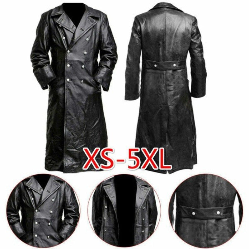 Men’s Plus Size Long Double-Breasted Leather Trench Coat