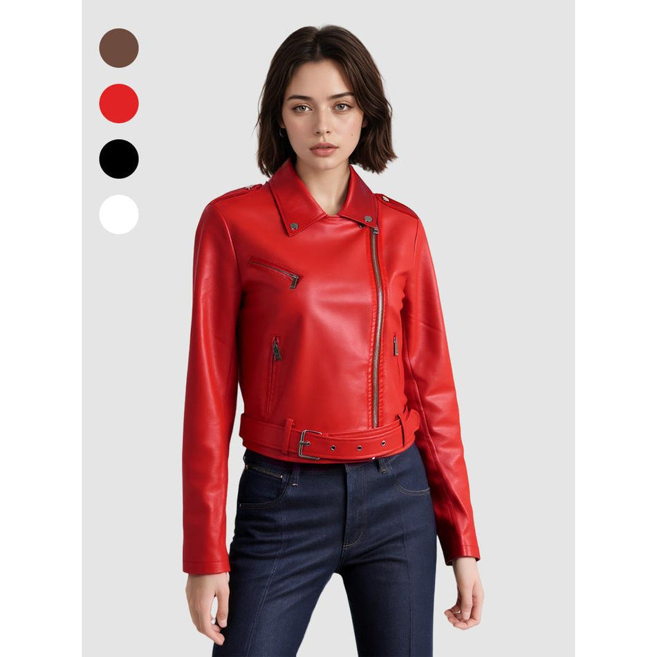 Custom Lapel Short Belt PU Leather Jacket for Women