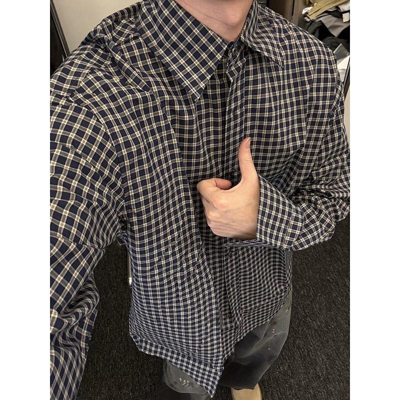 Men’s Black & White Plaid Shirt – Spring & Fall Retro Lapel