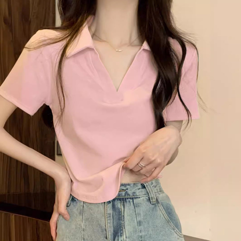 Wine Red Slim Fit Polo – Korean V-Neck Summer Tee