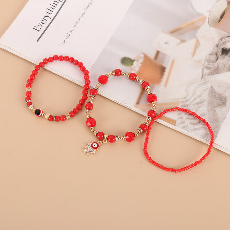 Palace-Style Red Beaded Anklet Set – 3-Piece Jewelry