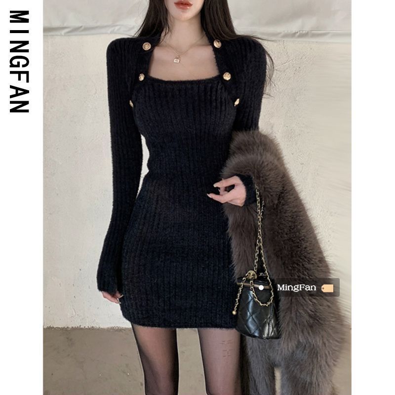 Black Square Neck Knitted Slim Long Sleeve Dress Women Style