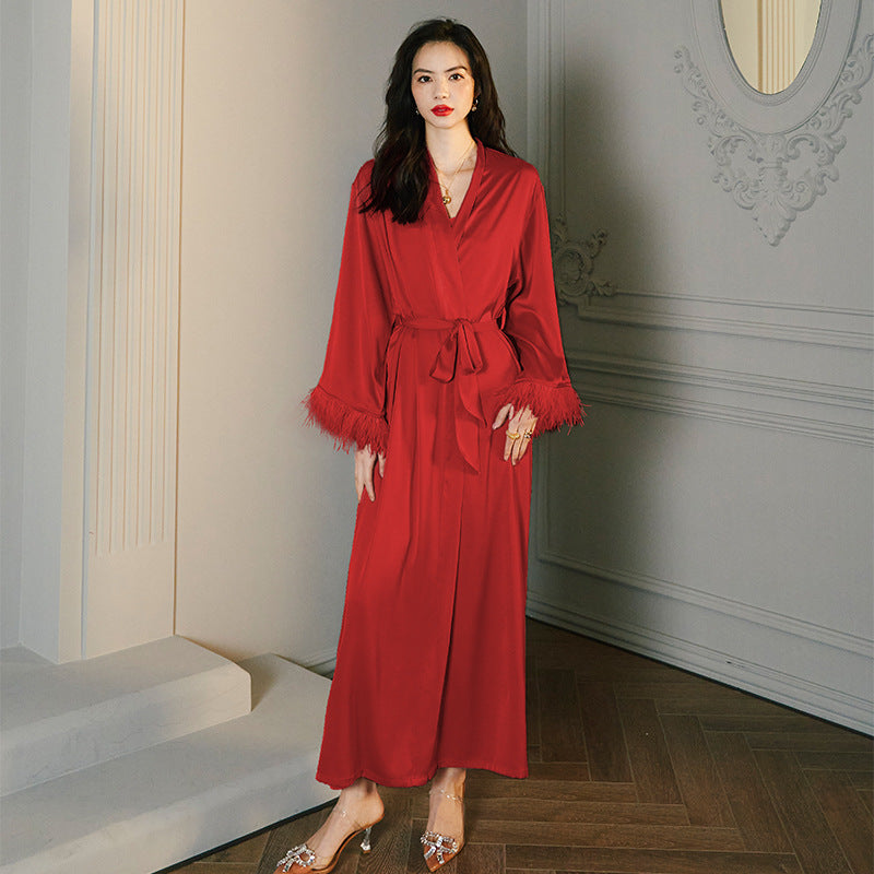 Yaoting Ice Silk Pajama Set – Satin Feather Nightgown & Trousers