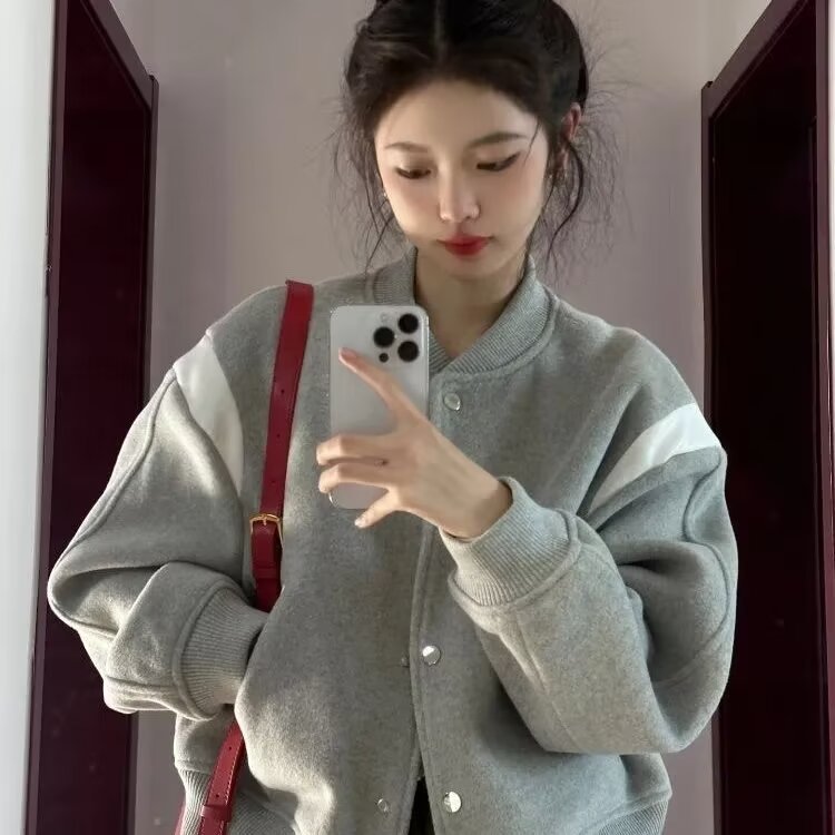 INSTOCK-Women’s French Baseball Jacket Fleece-Lined Short