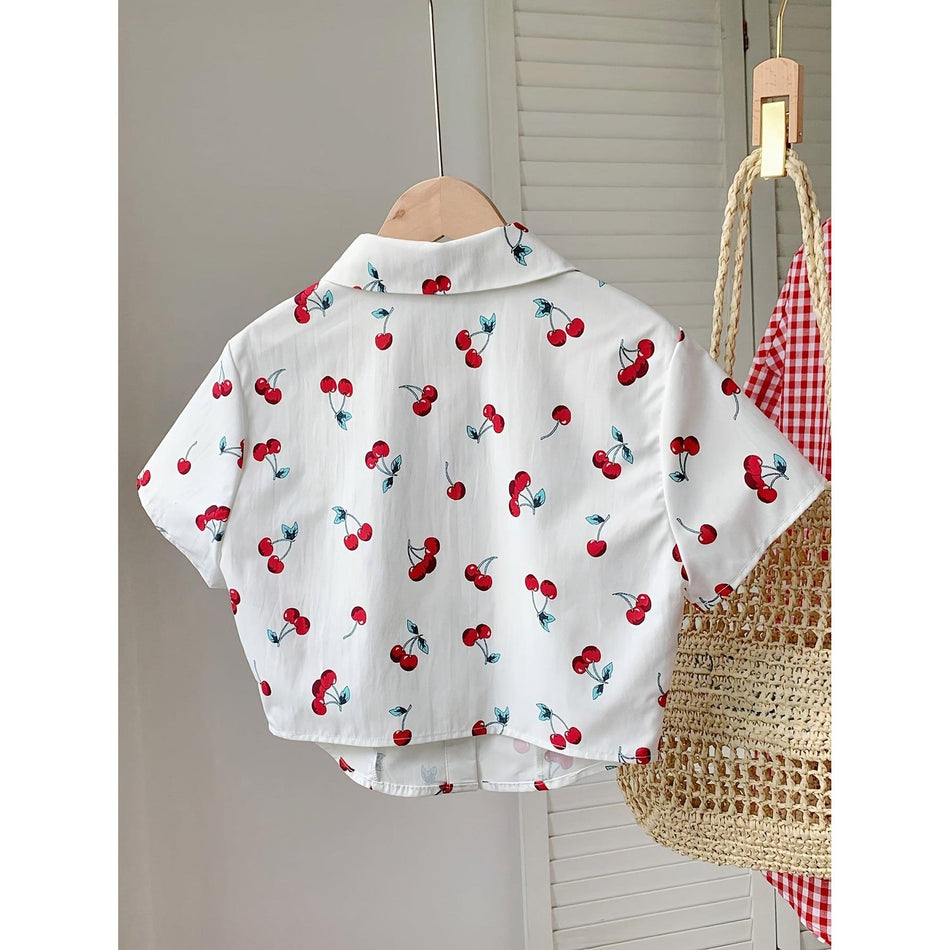 Elegant Cherry Print White Shirt for Women – Summer Style