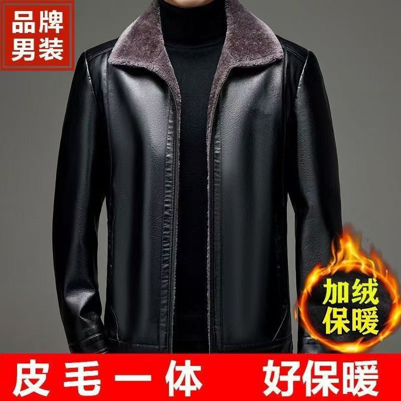 Men’s Genuine Leather Jacket Warm Plus Velvet Mid-Age Coat