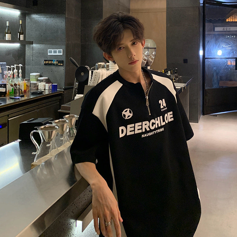 Men’s Black White Patchwork Half-Zip Biker T-Shirt