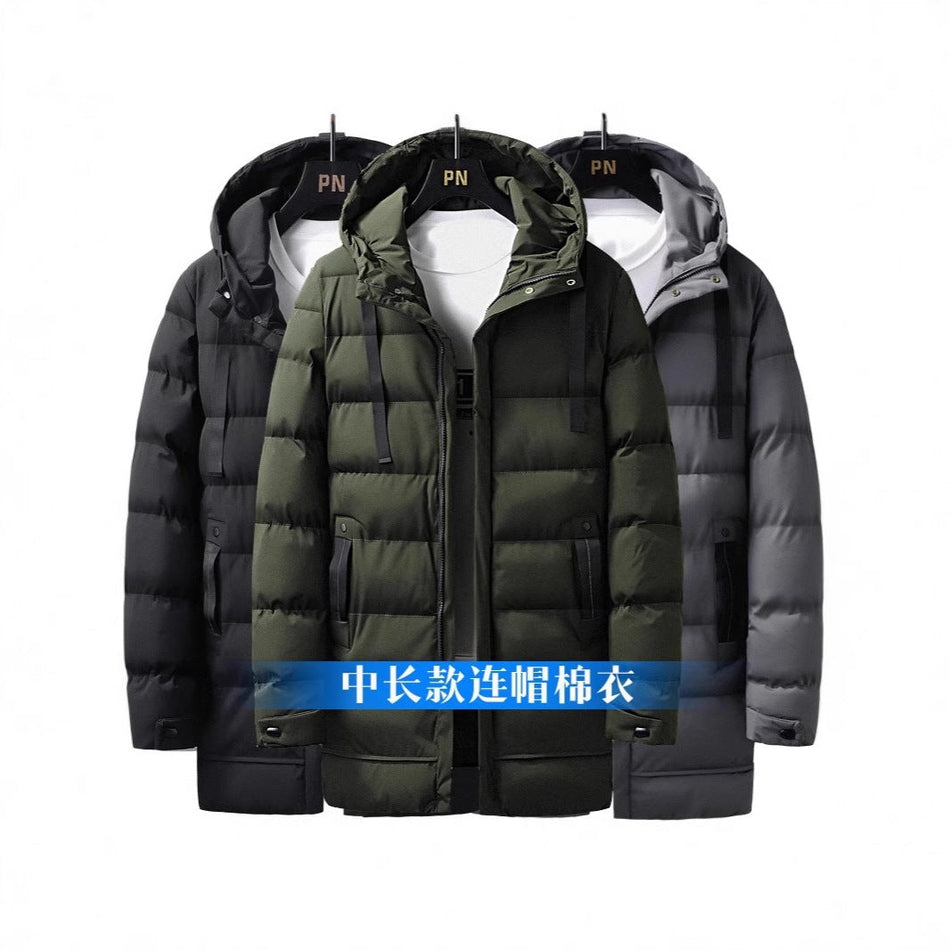 Men’s Mid-Length Hooded Down Cotton-Padded Jacket – Thick & Warm