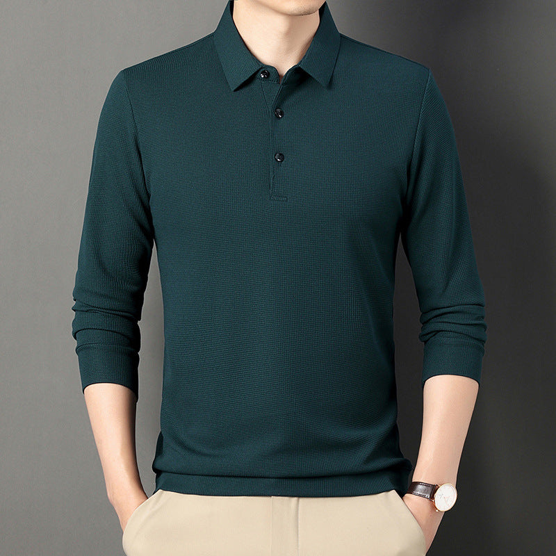 STOCK-Thin Waffle Lapel Long Sleeve Polo T-shirt