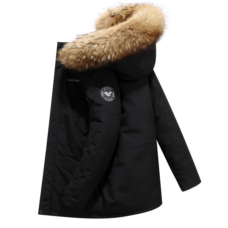 Men’s Mid-Length Winter Jacket with Fur Collar