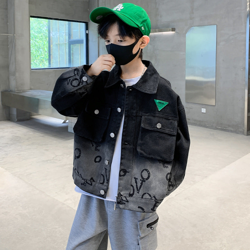Boys Gradient Letter Denim Coat 2024 Casual Spring Jacket