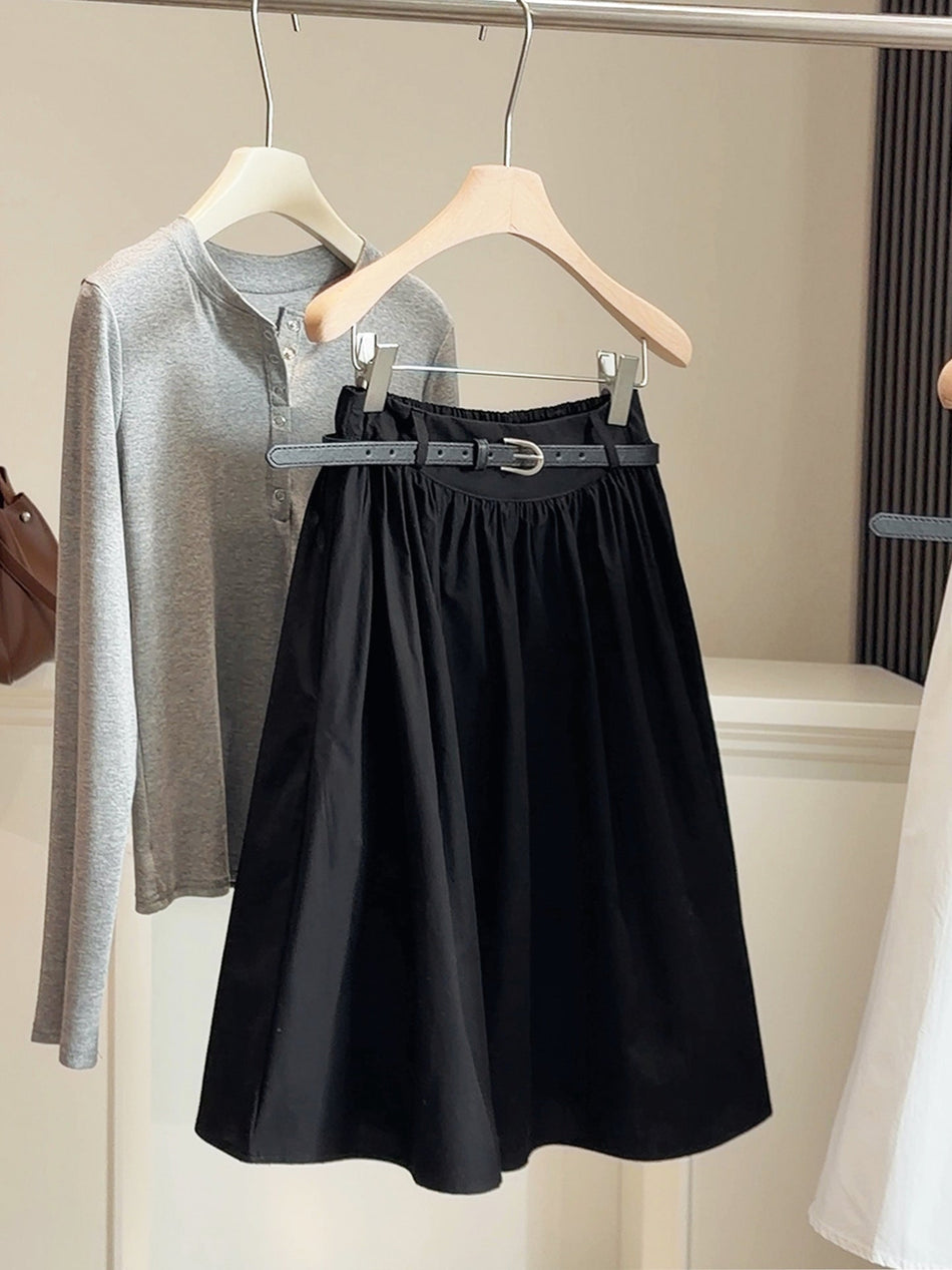 High-Waisted White Academy-Style A-Line Midi Skirt